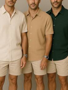 Kit 3 Men's Short Sleeve Linen Shirts Viscolinho Fresca Social Fashion Elegant Italian Collar - Kem/Nâu/Xanh lá - Xem 1