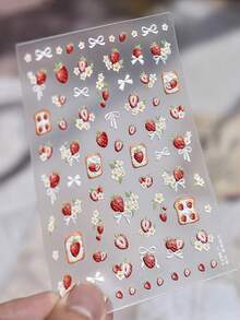 1 pieza Pegatina en relieve 5D, estilo primaveral europeo y americano con diseño de fresa, flor y lazo para decoración de uñas - Multicolor - Ver 3