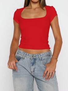 Vaiaye Women's Sexy Fitted Knit Top, Solid Color Square Neck Casual T-Shirt, Spring/Summer - Bright Red - View 6