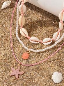 3pcs/Set Beach Vacation Style Pink Drip Glaze Starfish & Shell Pendant Beaded Necklace, Handmade Woven Rope Choker Necklace, Fashionable Versatile Shell Jewelry Suitable For Daily Wear, Vacation, Party And Date - Multicolor - View 3