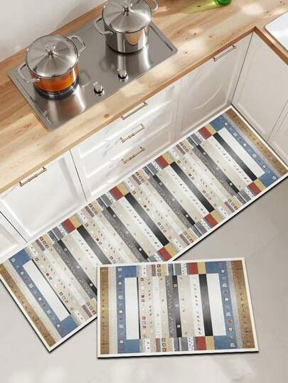 Tapete de cozinha de espuma de silicone (1 peça), com listras verticais em bege, cinza claro, azul, marrom e vermelho como base, intercaladas com quadrados geométricos, estampas de pássaros e listras finas, apresentando um design listrado inspirado em patchwork. Tapete de cozinha luxuoso e moderno, com amortecimento e propriedades anti-fadiga, superfície em tecido e camada intermediária de esponja absorvente.