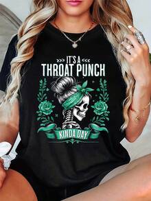 Plus Size, Cute Skull It's A Throat Punch Kinda Day Graphic Print Plus Size Women's-Shirt, Short Sleeve Crew Neck Casual Top Summer & Spring, Women's Clothing - 黑色 - 查看 1