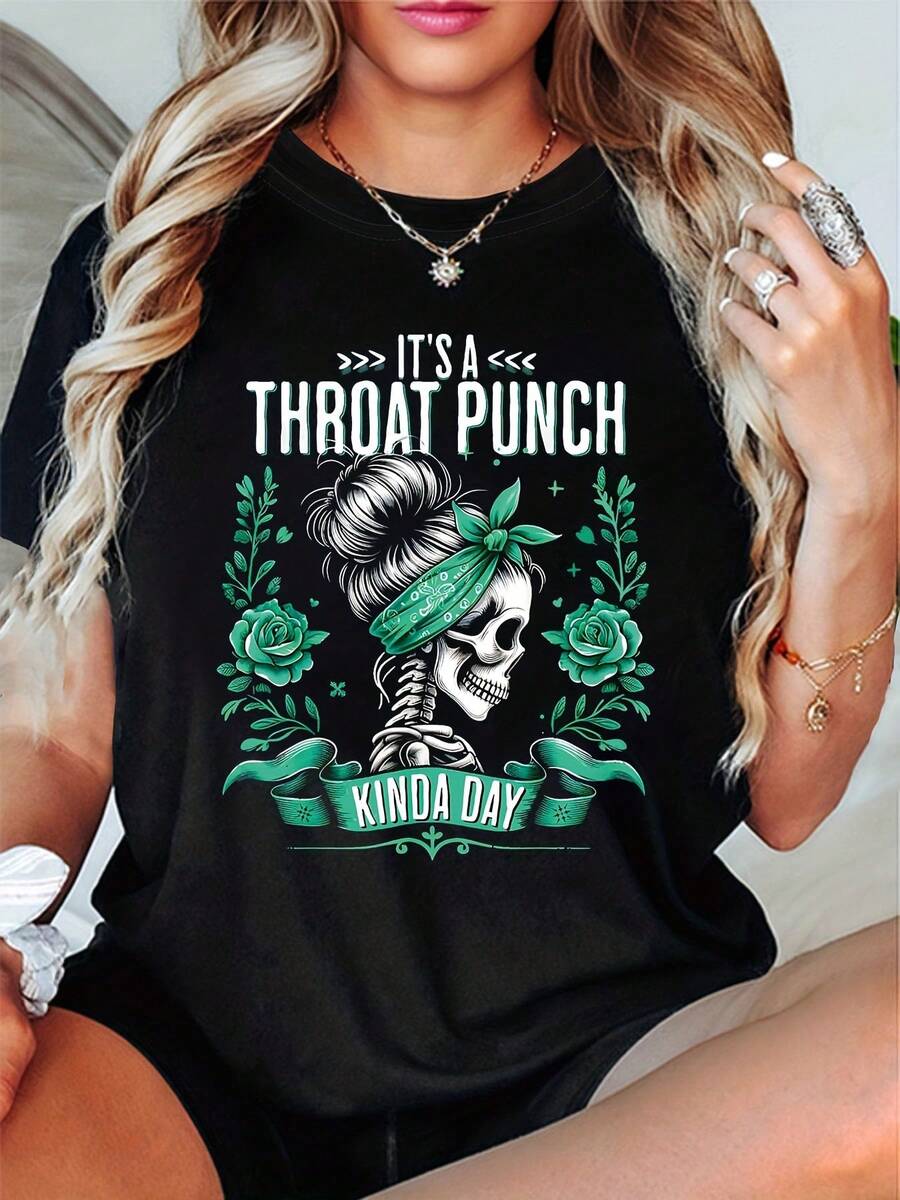 Plus Size, Cute Skull It's A Throat Punch Kinda Day Graphic Print Plus Size Women's-Shirt, Short Sleeve Crew Neck Casual Top Summer & Spring, Women's Clothing - 黑色 - 查看 1