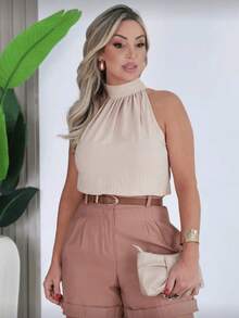 Women's Tank Top With High Neck And Ruched Detail - Summer Dune - Beige - View 2