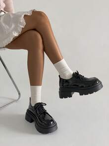 1双纯色学院风PU皮革系带黑色粗跟圆头玛丽珍鞋，百搭复古法式风格 - 黑色 - 查看 9