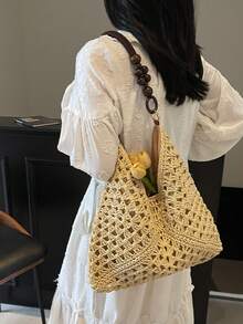 Straw Woven Large Capacity Shoulder Bag, New Chinese Style Color Block Design, Summer Beach Vacation Handbag - Beige - View 4