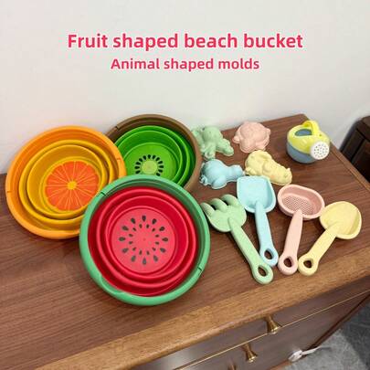 1/3/10 piezas Juego de juguetes de playa, cubo con forma de fruta plegable, pala, rastrillo, juego de juguetes de agua y arena de verano, portátil, interacción entre padres e hijos, educativo, regalo para niños y niñas en fiestas de vacaciones (accesorios de color aleatorio)