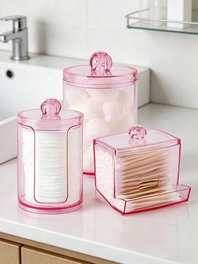 3M Cotton Swab Storage Container, Medicine Container Set, Bathroom Storage Container Set With Lid, Suitable For Cotton Swabs, Cotton Balls, Cotton Pads, Dental Floss Picks, 10 Oz Plastic Container, Bathroom, Bedroom, And Dressing Table Storage (Pink).