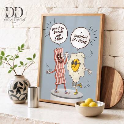 "1 stuk retro keukenthema met leuke voedselcitaten, Bacon Is My Heart, cadeau voor foodies, gepersonaliseerde woondecoratie, printbare keukenkunst, voedselcadeau, direct digitaal te downloaden"