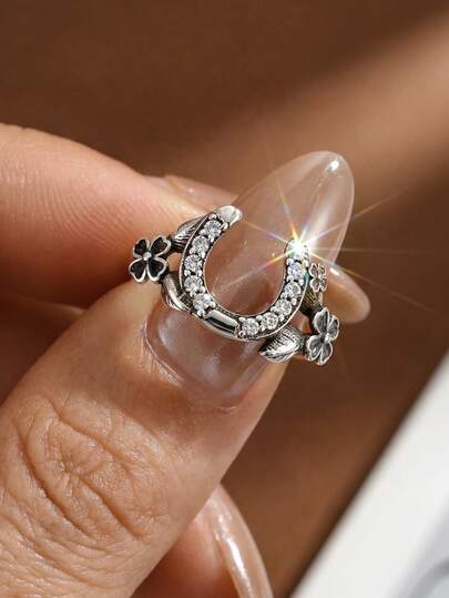 1枚极简主义全钻马蹄形戒指，925纯银，简约马蹄形设计，幸运符，优雅指环饰品