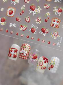 1 pieza Pegatina en relieve 5D, estilo primaveral europeo y americano con diseño de fresa, flor y lazo para decoración de uñas - Multicolor - Ver 1