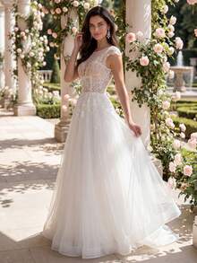 HEARBOBO 秋季波西米亚风白色3D立体花卉蕾丝贵族教堂头纱A字优雅白色新娘婚纱 - 白色 - 查看 6