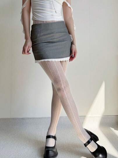 1 Pair Vertical Striped Fishnet Stockings, Retro Striped Pantyhose