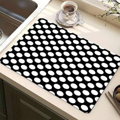 1pc Black & White Polka Dot Pattern Multipurpose Absorbent Mat, Polyester Waterproof Countertop Protector Pad For Kitchen, Dining Table, Dish Drying, Washing Machine, Bathroom, Coffee Machine, Kitchen Accessories, Party Supplies