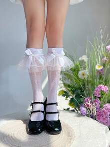 1 Pair Women's Thin Lace Trim Bow Hollow Out Patterned Mid-Calf Socks, Sweet & Versatile For Spring/Summer Daily Wear - White - View 2