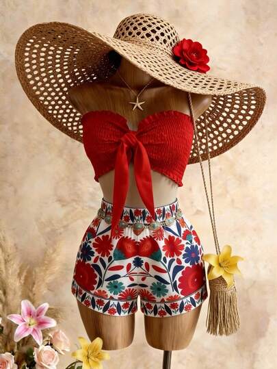 Vacation Outfits For Women Beach Outfits For Women Women's Vacation Solid Color Knotted Cropped Tube Top And Floral Print Shorts Casual 2-Piece Set