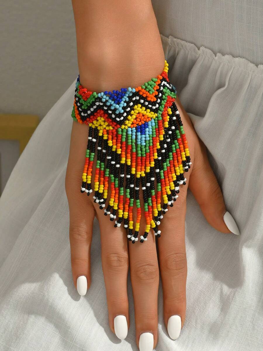 Bohemian Woven Beaded Tassel Bracelet For Women (Handmade Beads And Patterns May Vary) - Geometry - View 1