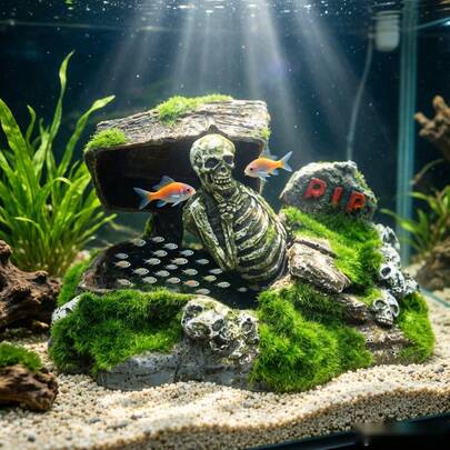 1件树脂植绒骷髅头水族箱装饰品 - 鱼缸装饰，适用于小型鱼类和爬行动物，趣味水族箱景观洞穴系列，水族箱装饰 | 水族箱美化 | 趣味水族箱用品，水族箱配件，适用于鬃狮蜥、壁虎、蛇类等。