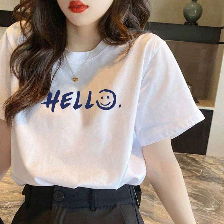 Camiseta de manga corta de algodón puro para mujer, talla grande, nuevo estilo de verano, holgada y estilizadora, blusa blanca, camiseta básica, de moda en . - Camiseta de manga corta 100 % algodón - HELL  Face - Ver 1