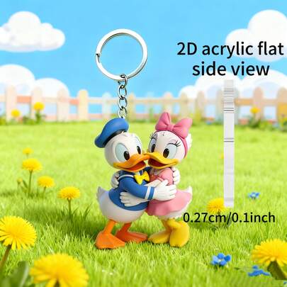 [2D Flat] Disney - Donald Duck And Daisy Duck Keychain, Donald Duck And Daisy Duck Embracing Acrylic Round Keyring, Couple Style, Fashionable And Novel Keychain, Suitable As A Valentine's Day Gift For Partner, Backpack Decoration Pendant, Interesting Keychain Design | Durable Acrylic 2D Flat