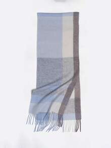 1条100%羊毛蓝色格子围巾，女士高品质冬季披肩，新款防寒保暖围脖，生日礼物 - 藍色 - 查看 10