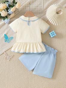 2pcs/Set Young Girls' Fresh & Gentle Contrast Color Collar Top + Solid Color Casual Shorts Set, Summer - Apricot - View 3