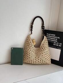 Straw Woven Large Capacity Shoulder Bag, New Chinese Style Color Block Design, Summer Beach Vacation Handbag - Beige - View 9