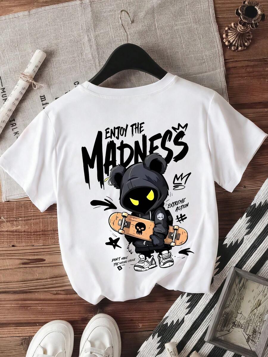 青少年男孩酷炫滑板和卡通图案印花圆领短袖套头T恤 春夏新款男童服装 儿童图案T恤 - 白色 - 查看 1