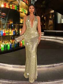 CHOSMO 无袖露背亮片拼接修身优雅派对礼服 - 金色 - 查看 2