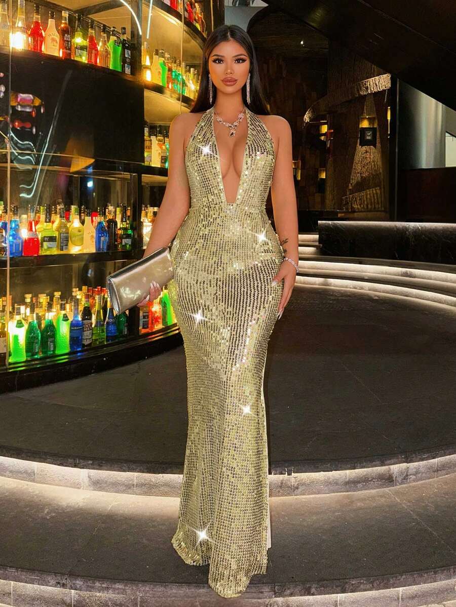 CHOSMO 无袖露背亮片拼接修身优雅派对礼服