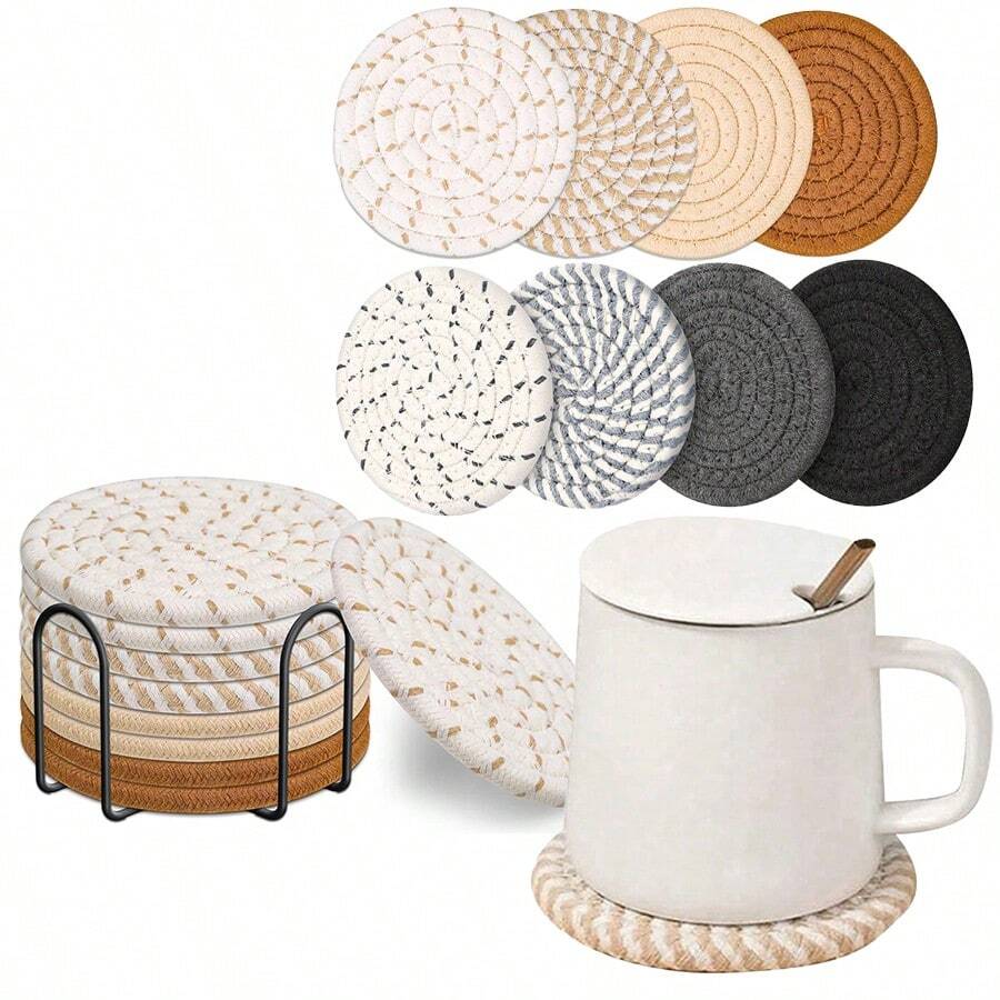 8-Piece Set Absorbent Coasters For Drinks, Minimalist Cotton Woven Coasters Coffee Table Decor Boho Cute Cup Coasters - Multicolor - View 1