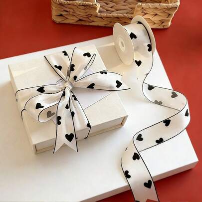 10 Yards White & Black Heart-Shaped Satin Ribbon, Premium Gift Wrapping Ribbon For Weddings, Gifts, Cakes, Flowers, DIY Crafts, Bows, Party Decorations, Versatile Accessory, High-Quality Festive Essential