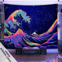 1pc Japanese Style Sea Wave- Glow In The UV Light Banner Tapestry, Large Size Peach Skin Fluorescent Printing Tapestry, Bedroom Hanging Tapestry For Party Festival, Bedroom Home Decor, Fabric Wall Decoration With Free Accessories - 1PC - 查看 4