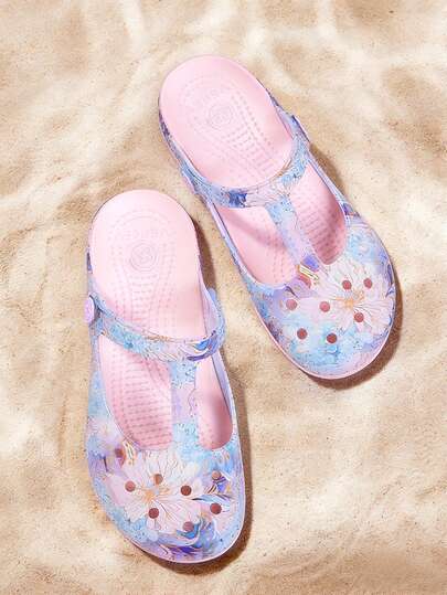 女士优雅花卉木屐凉鞋，透气镂空闭趾拖鞋，适合海滩度假和日常穿着的花园鞋。