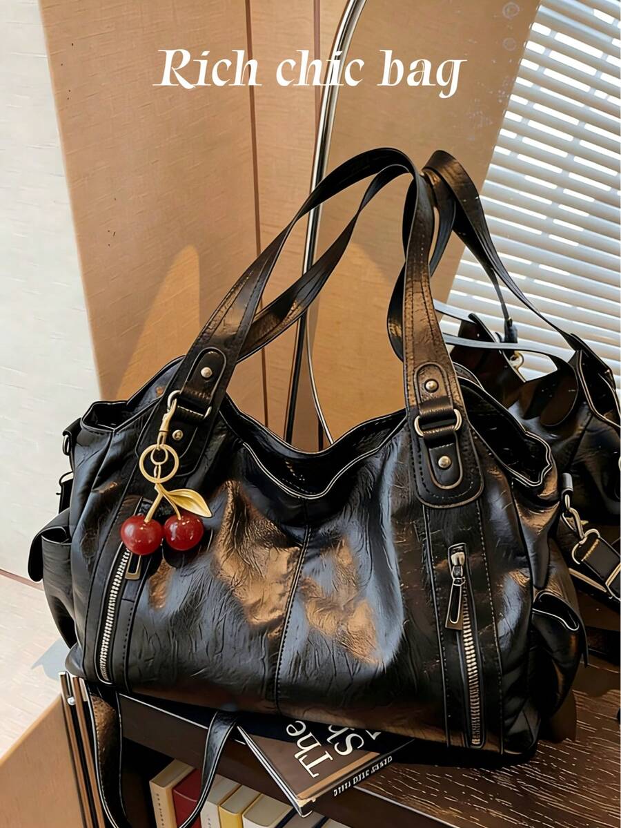 This Is A Fashionable And Versatile Shoulder Bag, A Multi-Functional Commuter Solid Color Large Capacity Vintage PU Material Shoulder Bag/Handbag, With Zipper Opening, Decorated With A Cherry Pendant, Women's Shoulder Bag, With Dual Handles Design, Very Suitable For Shopping, Travel, Going Out And Various Occasions. , Office Bag - 黑色 - 查看 1