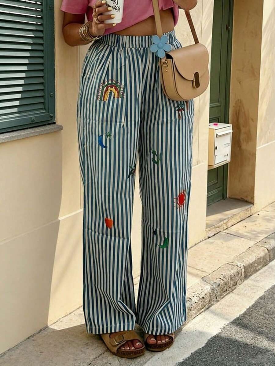 女士宽松直筒裤，条纹刺绣，休闲日常穿着，春夏款 - 彩色 - 查看 1