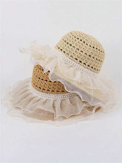 1pc Straw Woven Sun Hat, Cute Wide Brim Summer Outdoor Beach Hat, Lace Trim Straw Hat For Women, UV Protection