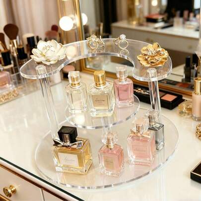 1pc Modern Round Acrylic, Reinforced Trapezoidal Perfume Display Stand, Multi-Layer Cosmetic Storage Rack, High-Quality Transparent Cosmetic Sample Rack, Suitable For Exhibitions/Living Rooms/Bathrooms, Holiday Gifts, Etc.