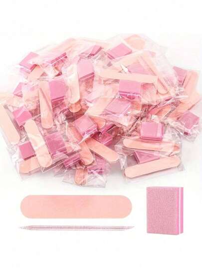 Pink Mini Nail Buffing Block Set, For Nail Art, Includes Nail File And Wooden Stick Nail Buffers, Professional Manicure Kit