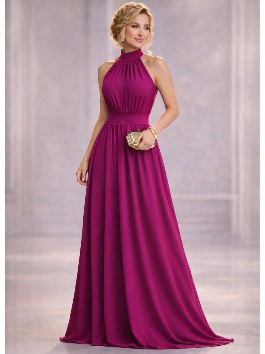 Bridesmaid Dress For Parties, Guests, Receptions, Graduations, Without Glitter, In A Flowing Fabric, High Neck, Without Glitter. - 玫瑰紅 - 查看 1