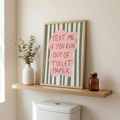 1幅趣味浴室墙画，标题为“如果你用完了厕纸就给我发短信”，帆布印刷画|复古语录，粉绿色调，适用于卧室、客用浴室、客厅或办公室家居装饰，个性卫生间海报，送给她的礼物，可选择无框或有框