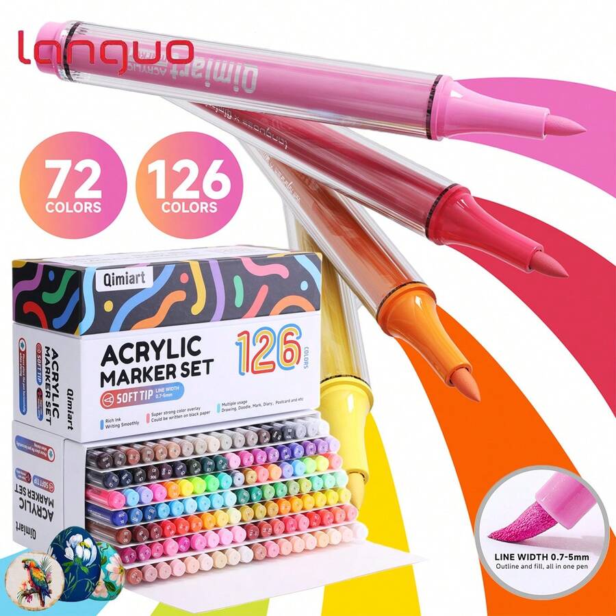 Bộ quà tặng bút dạ màu 72/126 màu của Langguo, đầu bút mềm 0.7mm, mực dung tích lớn, màu sắc chính xác, thân bút trong suốt hai lớp, thích hợp cho thủy tinh, gốm sứ, nhựa, gỗ, đá, vải, giấy, độ phủ màu tuyệt vời, quà tặng sáng tạo, dụng cụ mỹ thuật cho năm học 2026.