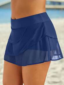 Women's Layered Ruffle Waist Swimsuit Skirt, Summer Beach Swimming Pool Holiday Swimwear Bottom - Navy Blue - View 4