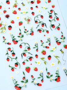SWEET TREND 2张5D雏菊草莓美甲贴纸，白色花瓣，红色樱桃，草莓藤蔓，瓢虫，蜜蜂，春夏花卉，水果，动物图案，DIY Y2K卡通自粘美甲贴花 - 彩色 - 查看 9