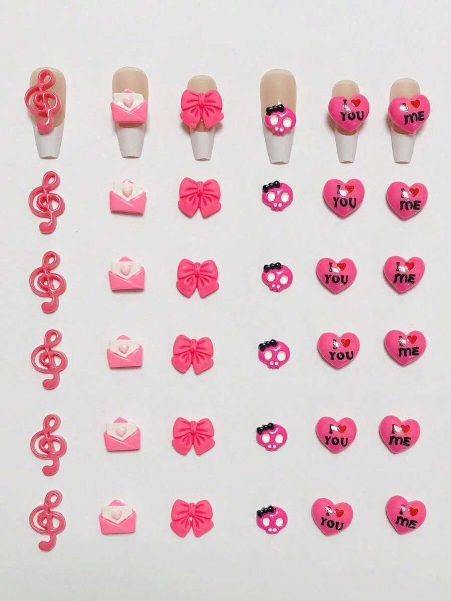30件套可爱甜蜜浪漫情人节玫瑰红“我爱你”石、蝴蝶结、骷髅头、音符、信封、平底3D手工工艺装饰配件,可用于DIY手机壳、乐谱装饰、美甲沙龙用品 - 彩色 - 查看 1