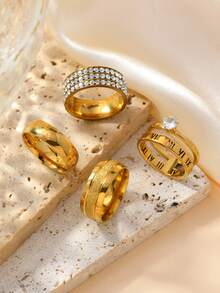 4pcs Elegant Stainless Steel 18K Gold Plated Matte Rhinestone Hollow Roman Numeral Rings, Suitable For Women's Daily, Dating, Engagement, Wedding Gifts - Gold - View 7