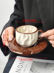 1 Set Asymmetrical Textured Ceramic Coffee Cup & Saucer, Latte Art Cup, Elegant Home/Office Latte, Tea Cup, Valentine's Day, Mother's Day, Thanksgiving Gift, Fashionable Gift For Coffee Lovers - Multicolor - View 3