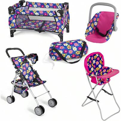 2026 Hot Spring & Summer Popular 4 Piece Baby Doll Play Set Flower Design, Foldable Pack N Play, Stroller, High Chair & Infant Seat, Fits Up To 18'' Doll, Best Gift For Leisure & Entertainment Activities