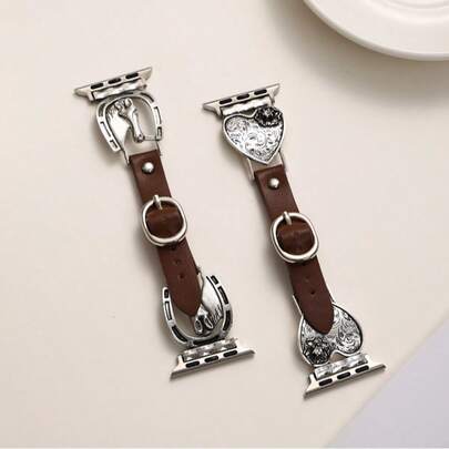 1pc Retro Horse/Heart Shaped Watch Band, Synthetic Leather Material With Folding Clasp, Compatible With Apple Watch 38mm-49mm Series