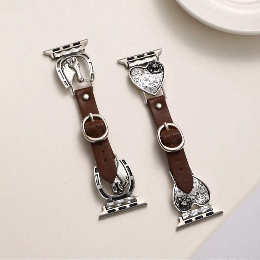 1 pieza Correa de reloj con forma de caballo/corazón retro, material de cuero sintético con hebilla plegable, compatible con Apple Watch de 38mm-49mm Series - Sin Molde - Ver 1